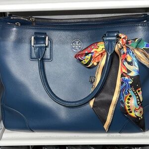 Tory Burch Navy Tote with Colorful Scarf